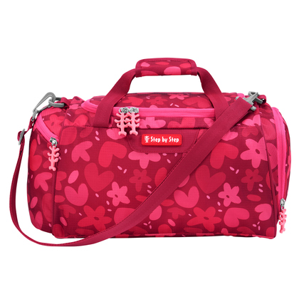 Rot-pink gemusterte Sporttasche mit Tragegriffen und abnehmbaren Schultergurt.