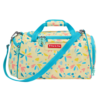 Sporttasche in Gelb mit bunten, floralem Muster und Tragegurt, seitliche Reißverschlusstasche.