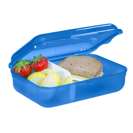 Brotzeitdose in Blau mit Obst und einem Brötchen in zwei Fächern, geöffnet und dekoriert.