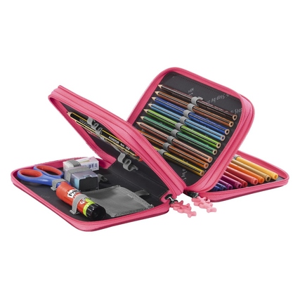 Rosa XXL-Federmäppchen mit Stiften, Schere und Kleber, offen und organisiert in drei Fächern.