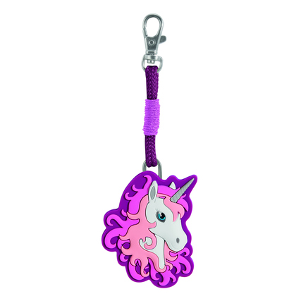Unicorn-Anhänger aus Gummi mit Karabiner zum Befestigen an Ranzen oder Kindergarten-Modellen.