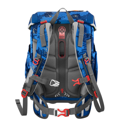 Rückansicht eines blauen Schulranzens mit ergonomischen Riemen und verstellbaren Gurten.