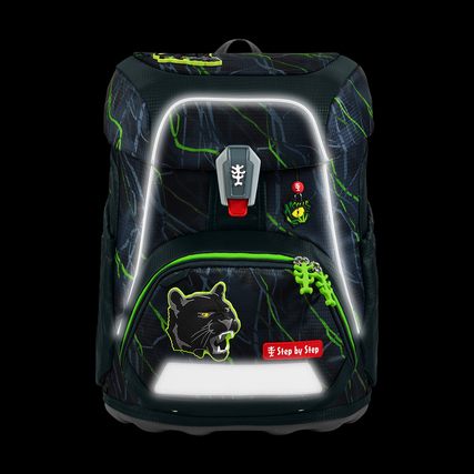 Schulranzen mit schwarzem Pantherdesign, reflektierenden Elementen und Sicherungsclips.