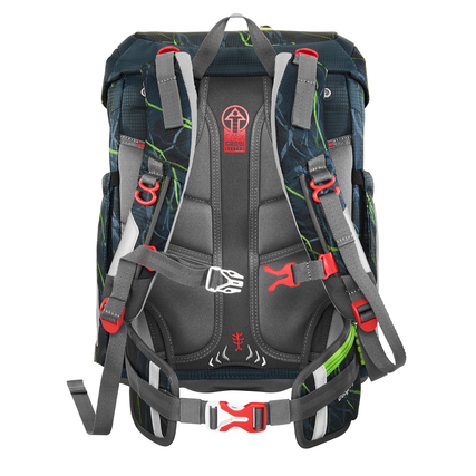 Rucksack mit ergonomischem Rückensystem und verstellbaren Schulterriemen in grün-schwarzem Design.