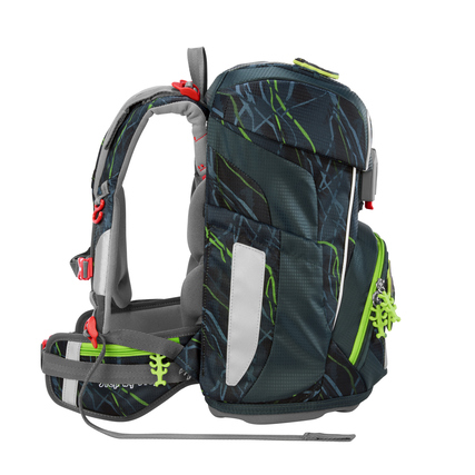 Schulranzen in Seitenansicht mit Reflektoren und mehreren Taschen in einem Katzen-Motiv.