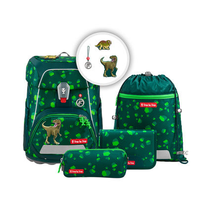 Schulranzen im Dino-Design mit Zubehör: Federmäppchen, Sportbeutel und Geldbörse.