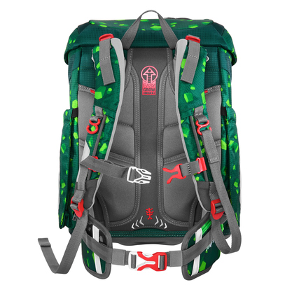 Schulranzen in grüner Dino-Optik mit anatomisch geformten, verstellbaren Schulterträgern.