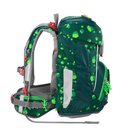 Schulranzen in grüner Farbgebung mit dino-inspiriertem Design in Seitenansicht.
