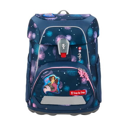 Blauer Schulranzen mit Meerjungfrauenmotiv und reflektierenden Elementen auf dem Oberteil.