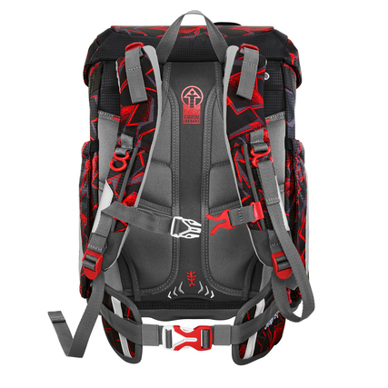 Schulranzen mit ergonomischer Rückenkonstruktion und verstellbaren Schulterträgern in Rot-Schwarz.