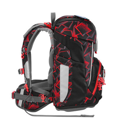 Schulranzen mit ergonomischer Form, Seitentaschen und reflektierenden Elementen in Schwarz und Rot.