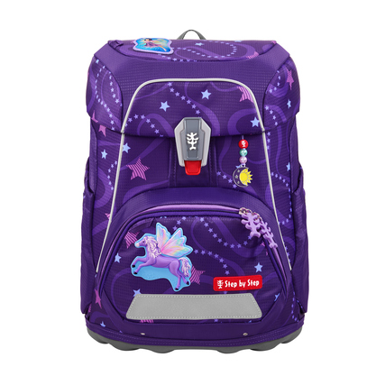 Lila Schulranzen mit Pferdemotiv, reflektierenden Elementen und Schulterträgern.