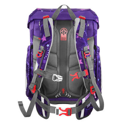 Rückansicht des lila Step by Step Schulranzens FIT Pegasus Emily mit verstellbaren Schulterträgern.