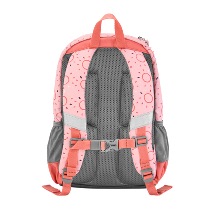 Rückansicht eines rosa Kindergartenrucksacks mit grauen Akzenten und gepolstertem Trägersystem.