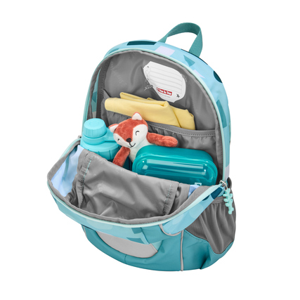 Kindergartenrucksack mit geöffnetem Hauptfach, gefüllt mit Füllmaterial und einem Stofftier.