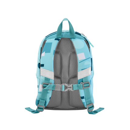 Rückenansicht eines blauen Kindergartenrucksacks mit gepolsterten Trägern und Befestigungsgurt.