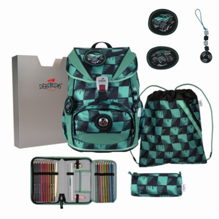 DERDIEDAS Schulranzen ErgoFlex Light Superflash 28 x 38 x 25 cm (B x H x T) 22l inkl. Sportbeutel, Schüleretui mit Staedtler Qualitätsbuntstiften, Faulenzermäppchen, Heftebox, 2 x Buttons, 1 x Anhänger Gewicht: 800g Polyester mehrfarbig SuperTruck