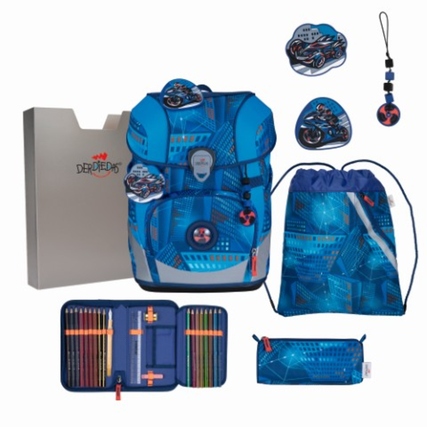 DERDIEDAS Schulranzen ErgoFlex Tiny 30 x 38 x23 cm (B x H x T) 23l Magnetverschluss, Reißverschluss inkl. Sportbeutel, Schüleretui mit Staedtler Qualitätsbuntstiften, Faulenzermäppchen, Heftebox, 2 x Buttons, 1 x Anhänger Gewicht: 900g PES mehrfarbig