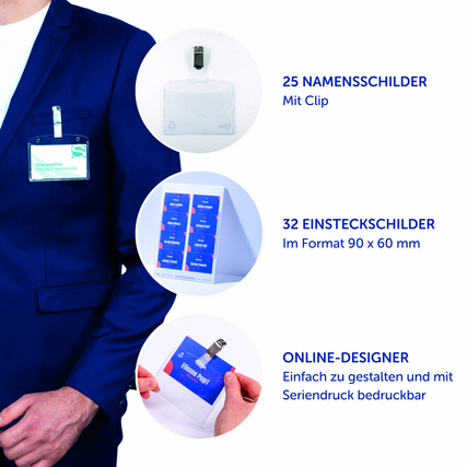 Namensschilder mit Clip, 90 x 60 mm, in einer Präsentation auf einem Anzug.