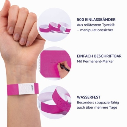 Neonpinkes Einlassband aus Tyvek mit verschiedenen Informationen zu Eigenschaften und Verwendung.