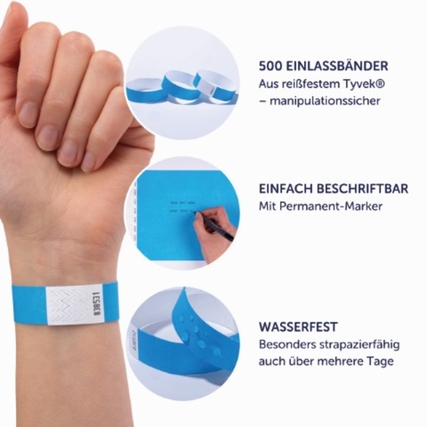 Neonblaues Einlassband aus Tyvek, am Handgelenk angelegt, mit Anwendungsinformationen.