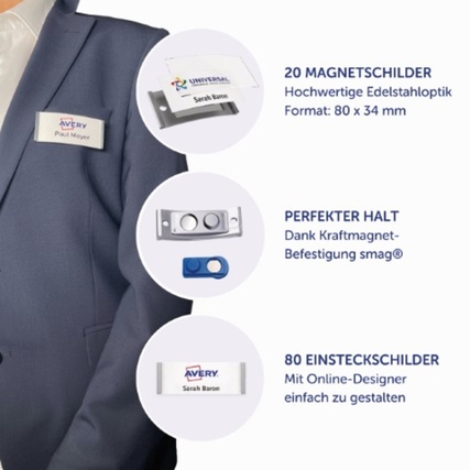 Namensschild im Edelstahl-Design zeigt Beispiele für Verwendung und Befestigungsmöglichkeiten.