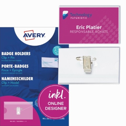 Avery Zweckform Namensschild 90 x 54 mm (B x H) inkl. 50 bedruckbare Einsteckschilder weiß Kombiklemme transparent 50 St./Pack.