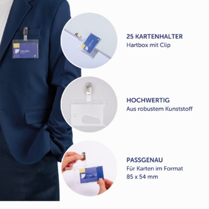 Ausweishalter mit Clip am Jacket, umgeben von weiteren Kartenhaltern in einer Hartbox.