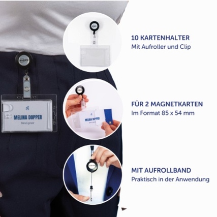 Ausweishalter mit Clip und Aufroller, im Einsatz an einer Kleidung, inkl. Beispielkarten.