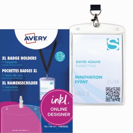 Avery Zweckform Namensschild XL 105 x 148 mm (B x H) inkl. 12 bedruckbare Einsteckschilder weiß Textilband transparent 10 St./Pack.