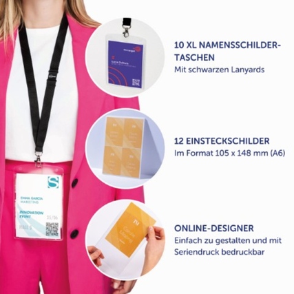 Namensschild XL mit Beispielinhalten, Lanyard und Informationen zum Online-Designer.