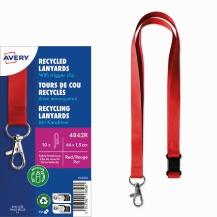 Rotes Textilband mit Karabinerhaken und Verpackung, beschriftet mit Produktinformationen.