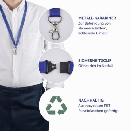 Blaues Textilband mit Metallkarabiner und Sicherheitsclip zur Befestigung von Namensschildern.