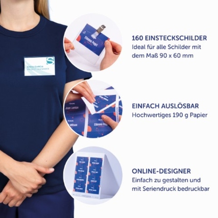 Einsteckschild mit Informationen zur Verwendung und einem Beispiel auf einer Person, 90 x 60 mm.