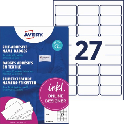 Selbstklebende Namensetiketten in einem Produktpack mit 27 Etiketten auf Trägerfolie.