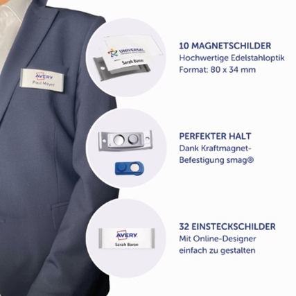 Namensschild im Edelstahl-Look mit einsteckbaren Karten und Magnetbefestigung.