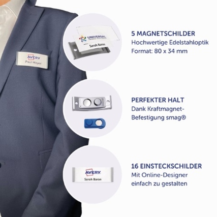 Namensschild im Edelstahl-Look mit austauschbaren Einsteckschildern und Magnetbefestigung.