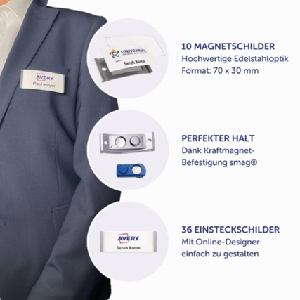 Namensschild in Edelstahloptik an einem Hemd, umgeben von Zubehör und Anwendungshinweisen.