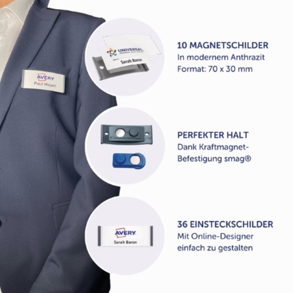 Namensschild in anthrazit mit Person, zeigt Magnetbefestigung und Einsteckschilder.