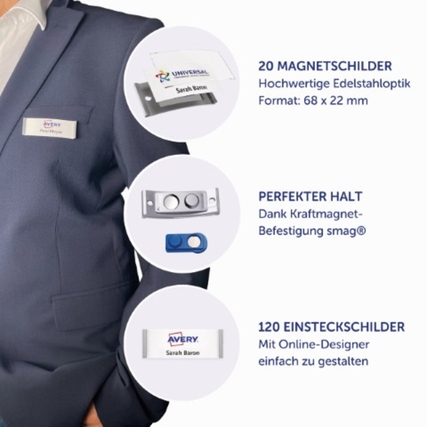 Namensschilder im Edelstahl-Design, präsentiert auf einem Anzug, mit Beispielen für Befestigungen.