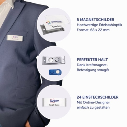 Namensschilder in edelstahl Optik, präsentiert mit Beispielbeschriftung und Zubehörhinweisen.