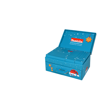 Fester Adventskalender mit geöffnetem Deckel und darin liegenden 60 Teilen von Makita.