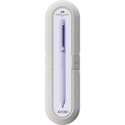 Kugelschreiber in grauer Verpackung mit lilafarbenem Schaft in schmaler, ovaler Form.