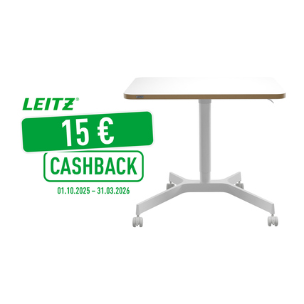 Höhenverstellbarer Schreibtisch mit vier Rollen und Cashback-Hinweis in grüner Schrift.