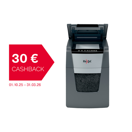 Aktenvernichter mit Papiereinzug und Cashback-Hinweis in rotem Quadrat.