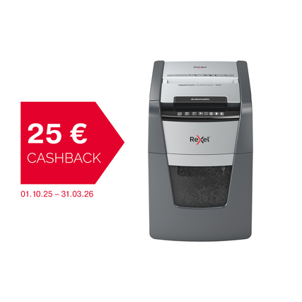 Aktenvernichter mit Papiereinzug und Cashback-Hinweis in rotem Quadrat.