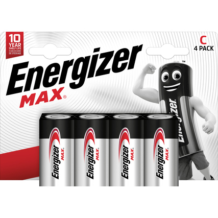 Vierpack Energizer Max Batterien mit Verpackung und einer cartoonartigen Figur im Hintergrund.