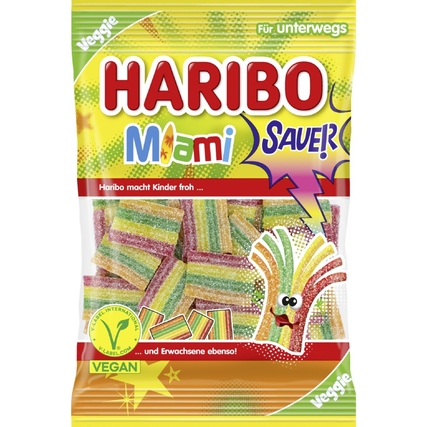 Bunte Tüte mit Haribo Fruchtgummi Miami Sauer in verschiedenen Geschmacksrichtungen.