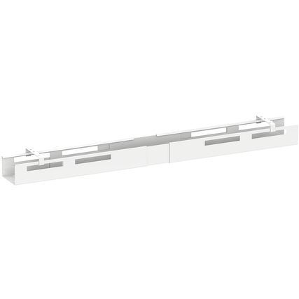 Weißer Kabelkanal, beidseitig aufklappbar, zur Befestigung an der Tischplatte.