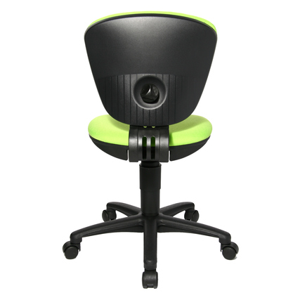 Rückansicht eines apfelgrünen Kinderdrehstuhls mit ergonomischer Rückenlehne und Fußkreuz.